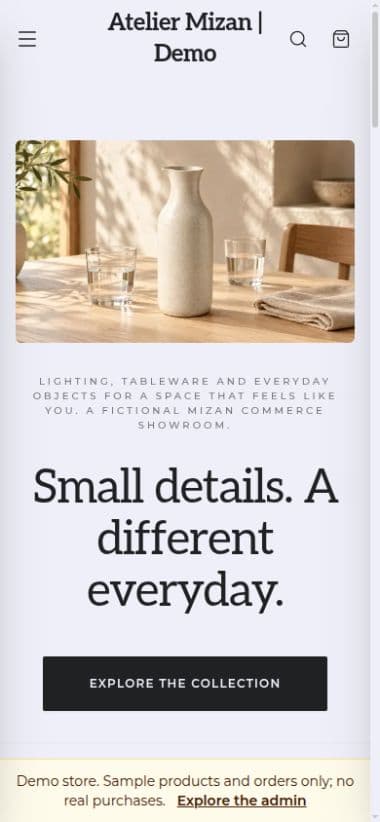Mizan mobile storefront with AI-generated product photography and fictional showroom copy